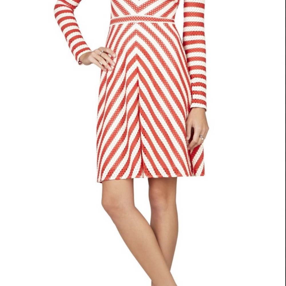 BCBGMaxAzria Red and White Long Sleeve A-Line Dress